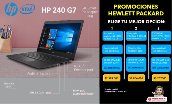 Portátil HP 240 G7, Intel Core I3-1005G1, Windows 10 Pro 64bit, 4GB