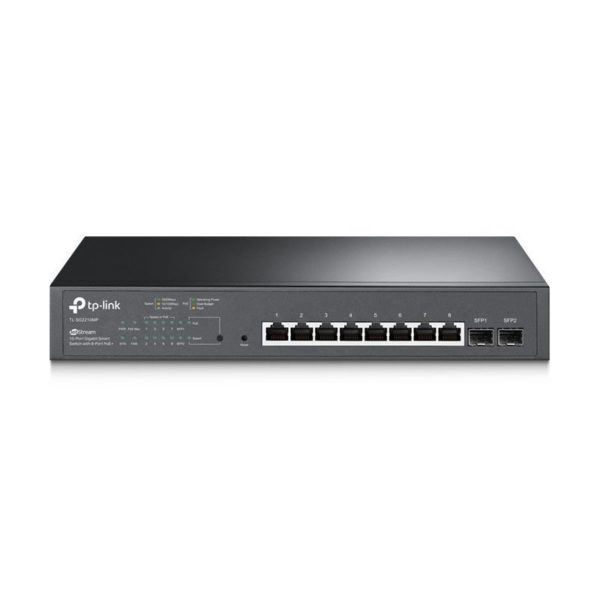 Switch TPLINK administrable con 8 puertos Gigabit RJ45 PoE y 2 ranuras SFP