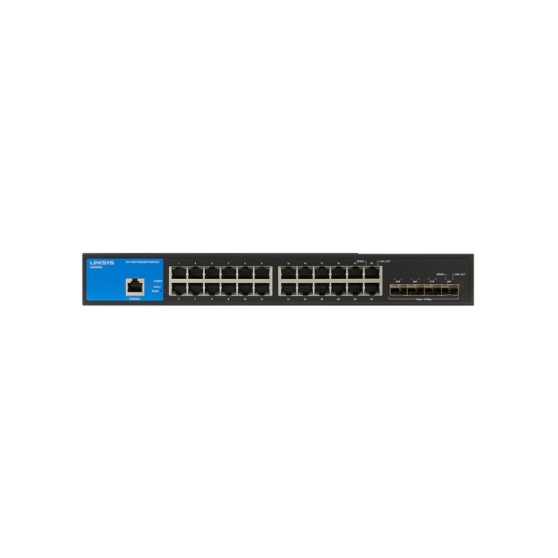 Switch Linksys LGS328C, puertos 24 Gigabit Ethernet, 4 10G SFP +,administrable L3, Tasa de reenvío 95,23 Mpps, Capacidad de conmutación 128 Gbps, 256 VLAN activas (rango de 4096),IEEE 802.1d, árbol de expansión rápida IEEE 802.1w, múltiples árboles de ex